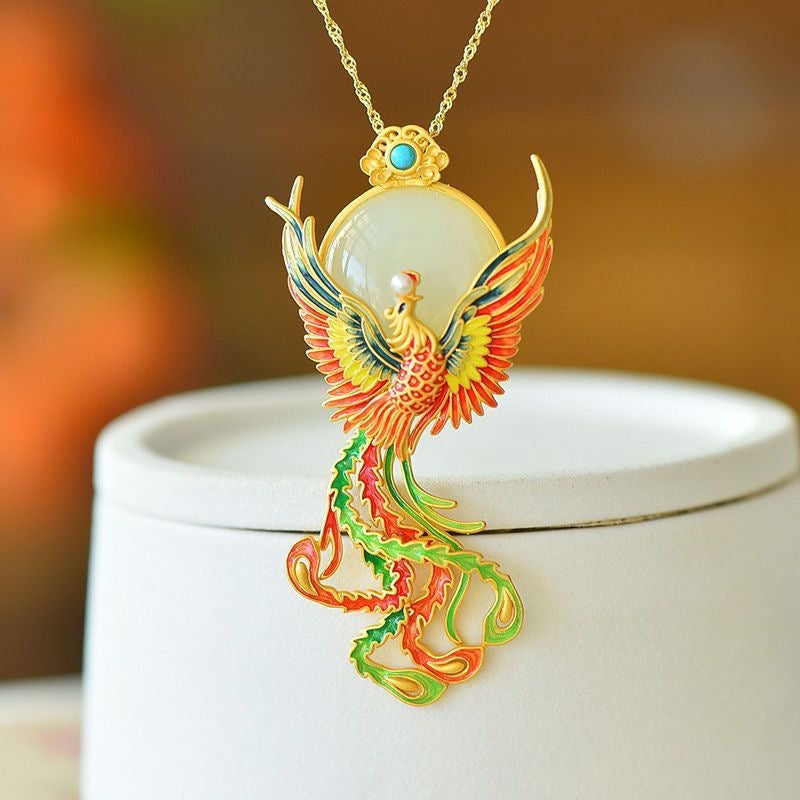 Colour Enamels Phoenix 925 Sterling Silver Dual-Purpose Necklace & Brooch