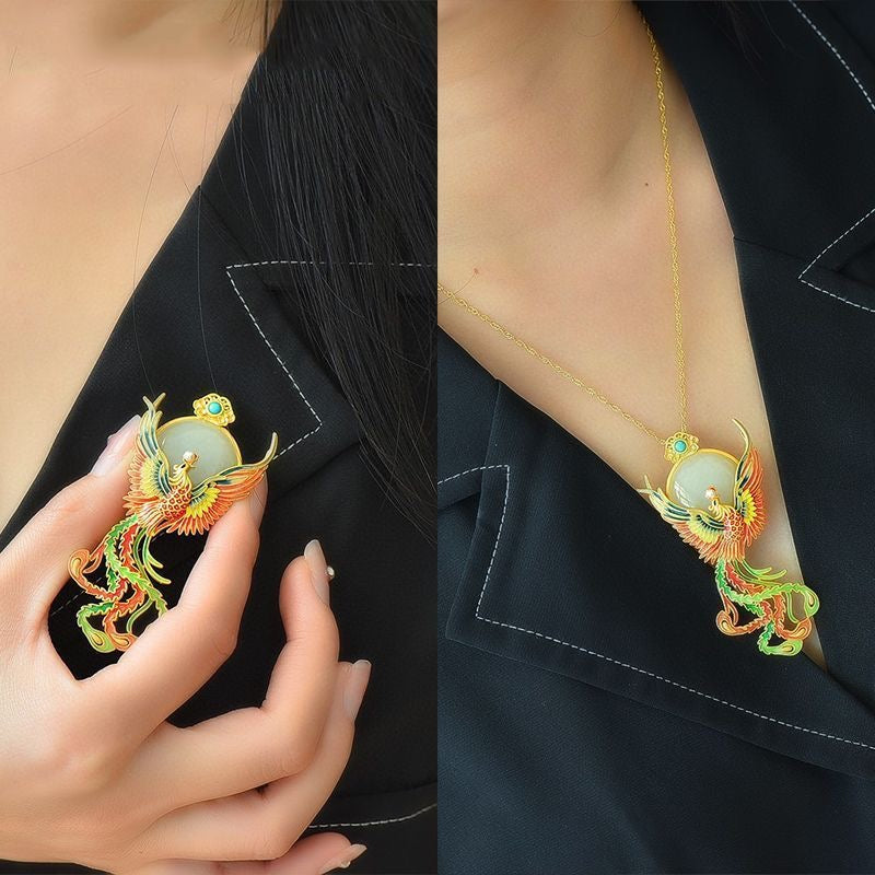 Colour Enamels Phoenix 925 Sterling Silver Dual-Purpose Necklace & Brooch