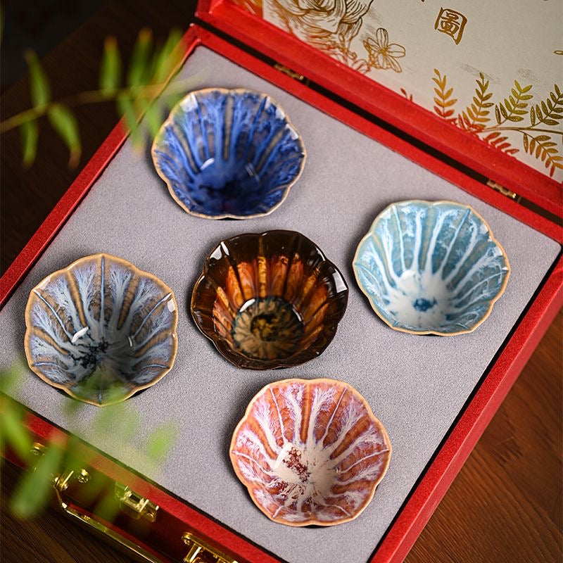 High-grade Glazed Porcelain 'Rich and Honored' Five Tea Cup Set Gift Box