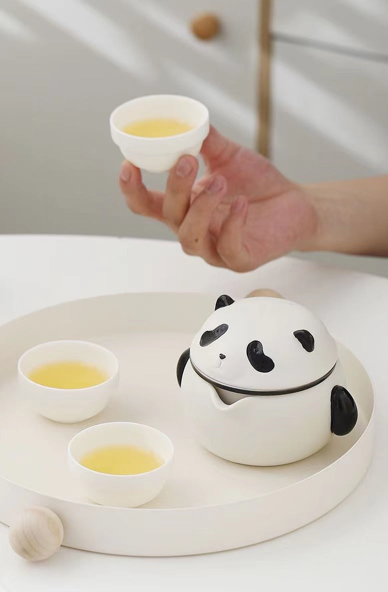 Panda Ceramic Tea Set One Pot Three Cups Outdoor Camping