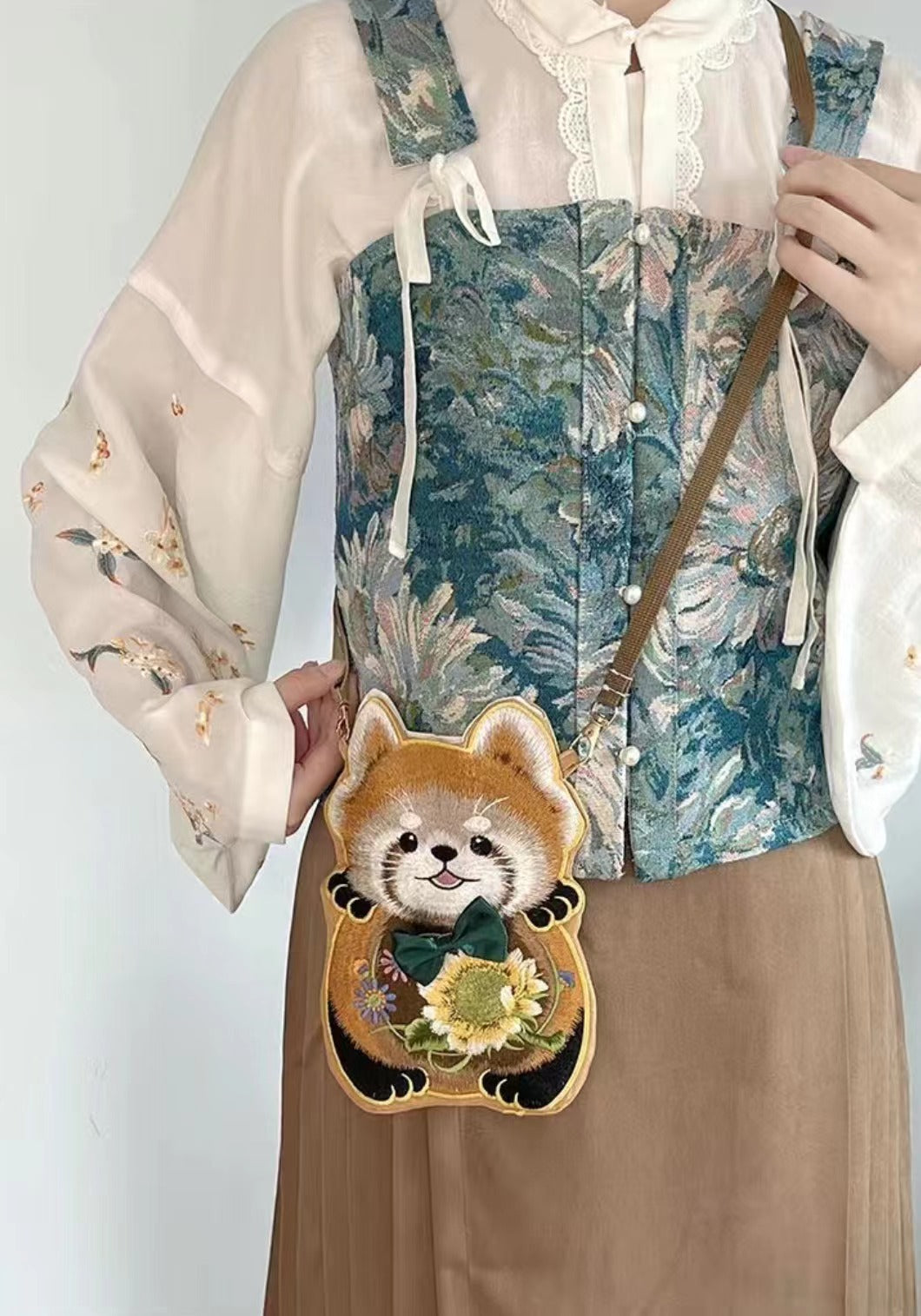 Red Panda Embroidery Crossbody Bag