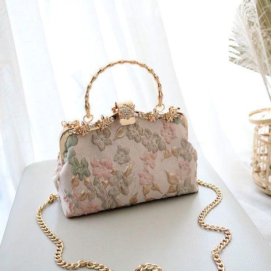 Vintage Floral Pattern Embroidery Jewel-Encrusted Hand Bag