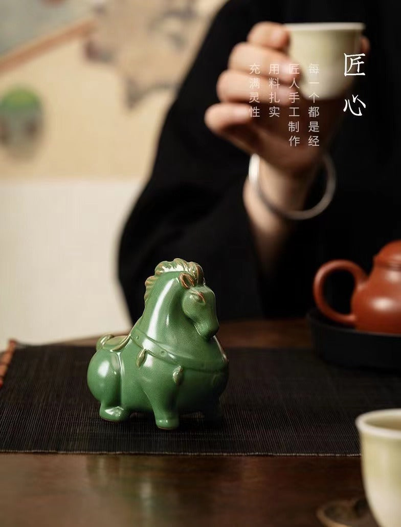 Ceramic Green Horse Figurine Tea Pet