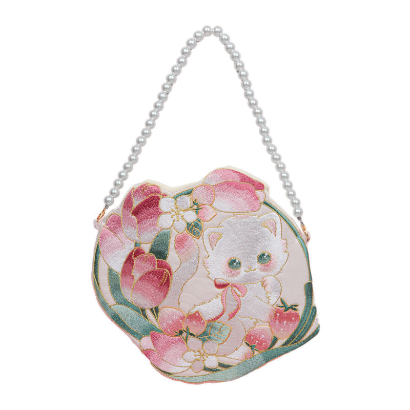 Embroidered Cat & Tulip Handbag