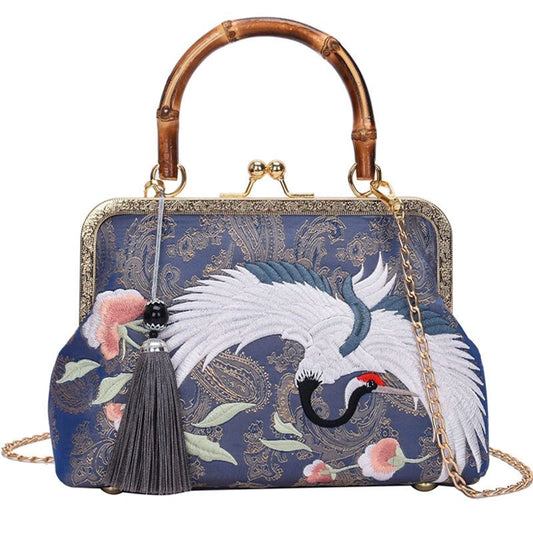 Handmade Embroidered Crane Vintage Style Handbag