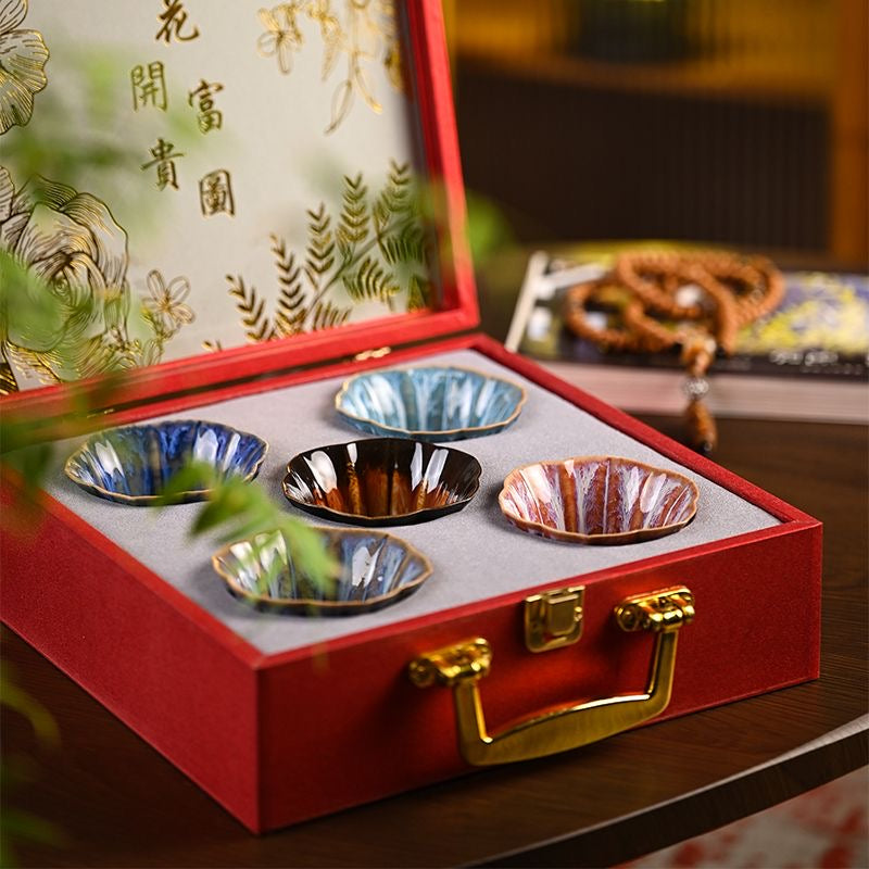 High-grade Glazed Porcelain 'Rich and Honored' Five Tea Cup Set Gift Box