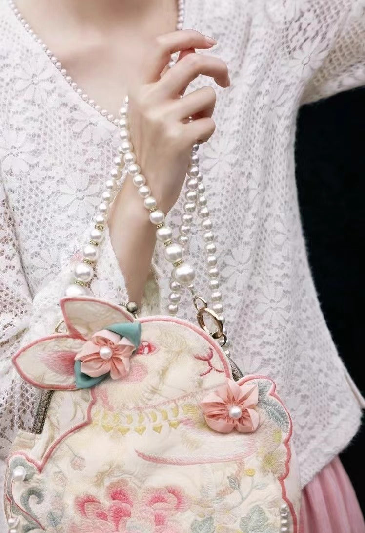 Rabbit & Laurel Flowers Kawaii Embroidered Bag